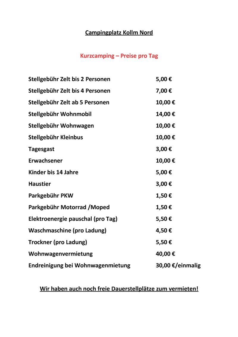 Preisliste Campingplatz